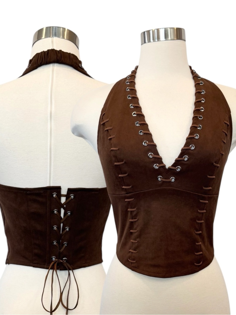 Windsor Sexy NWT Brown Stretch Faux Suede Bustier Corset Camisole Halter Vest M